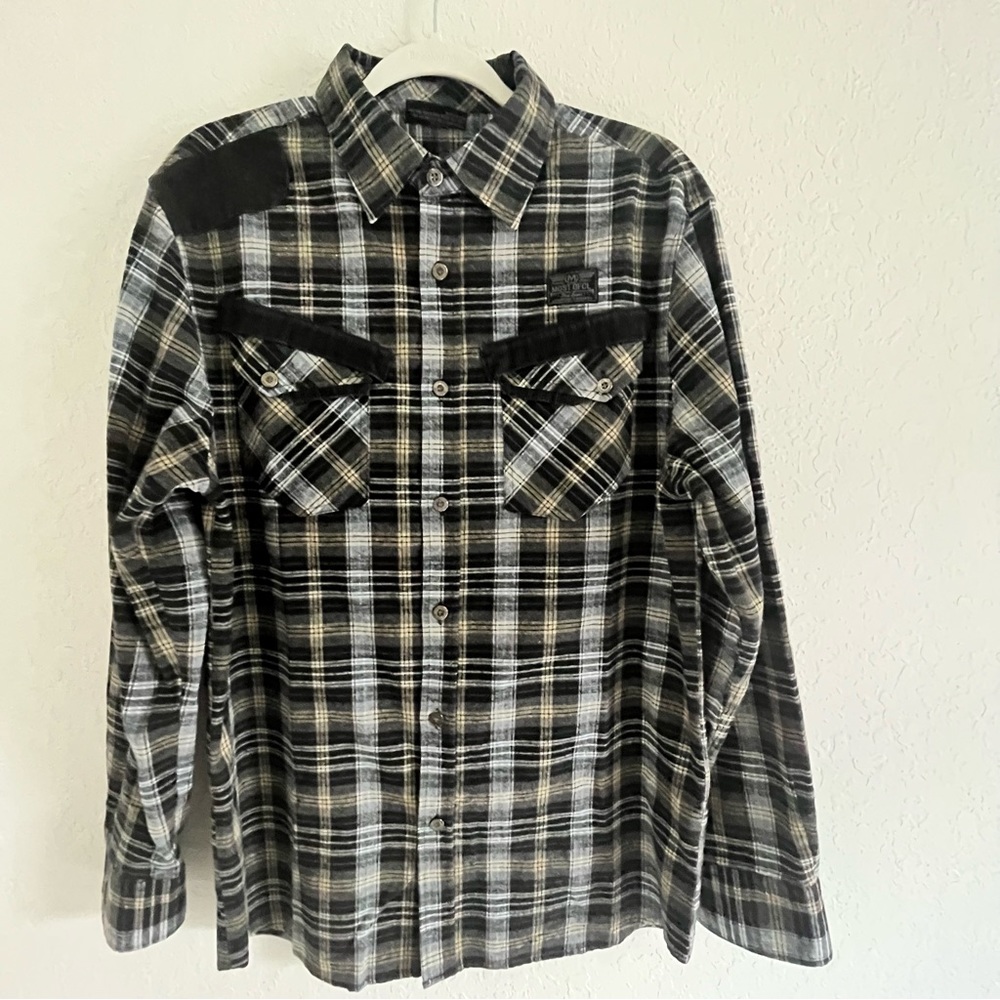 Most Official Seven Men’s Button Plaid Utility Long Sleeve Shirt Black
